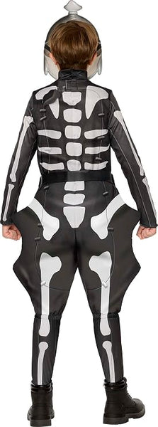 Bac of child in the Boys Fortnite Fishskull Costume
Features a black character jumpsuit printed with white fish skeleton-style bone graphics on the front, back, arms, and legs, along with attached fin-shaped side panels extending from the hips, and a black belt and waist pouch. The costume includes a matching character headpiece designed with large, printed eyes, skeletal fish facial details, side fin accents, and a top fin element, creating a complete Fishskull-inspired appearance from head to toe.