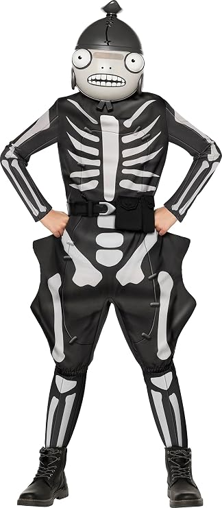 Child posing in the Boys Fortnite Fishskull Costume
Features a black character jumpsuit printed with white fish skeleton-style bone graphics on the front, back, arms, and legs, along with attached fin-shaped side panels extending from the hips, and a black belt and waist pouch. The costume includes a matching character headpiece designed with large, printed eyes, skeletal fish facial details, side fin accents, and a top fin element, creating a complete Fishskull-inspired appearance from head to toe.