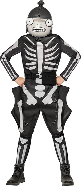 Child posing in the Boys Fortnite Fishskull Costume
Features a black character jumpsuit printed with white fish skeleton-style bone graphics on the front, back, arms, and legs, along with attached fin-shaped side panels extending from the hips, and a black belt and waist pouch. The costume includes a matching character headpiece designed with large, printed eyes, skeletal fish facial details, side fin accents, and a top fin element, creating a complete Fishskull-inspired appearance from head to toe.