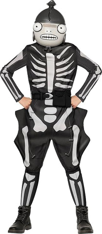 Child posing in the Boys Fortnite Fishskull Costume
Features a black character jumpsuit printed with white fish skeleton-style bone graphics on the front, back, arms, and legs, along with attached fin-shaped side panels extending from the hips, and a black belt and waist pouch. The costume includes a matching character headpiece designed with large, printed eyes, skeletal fish facial details, side fin accents, and a top fin element, creating a complete Fishskull-inspired appearance from head to toe.