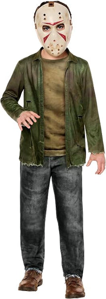 A child wearing a Friday the 13th Jason Voorhees Costume Featuring and off-white hockey-style mask with cutout eye openings, multiple ventilation holes, red painted accent markings, and an adjustable brown head strap, along with a printed jumpsuit designed to look like a distressed olive-green jacket layered over a worn shirt and attached matching gray printed pants with weathered detailing, torn-effect artwork, and an aged appearance