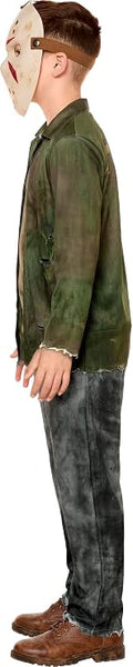 Side profile of a boy wearing a Friday the 13th Jason Voorhees Costume Featuring and off-white hockey-style mask with cutout eye openings, multiple ventilation holes, red painted accent markings, and an adjustable brown head strap, along with a printed jumpsuit designed to look like a distressed olive-green jacket layered over a worn shirt and attached matching gray printed pants with weathered detailing, torn-effect artwork, and an aged appearance
