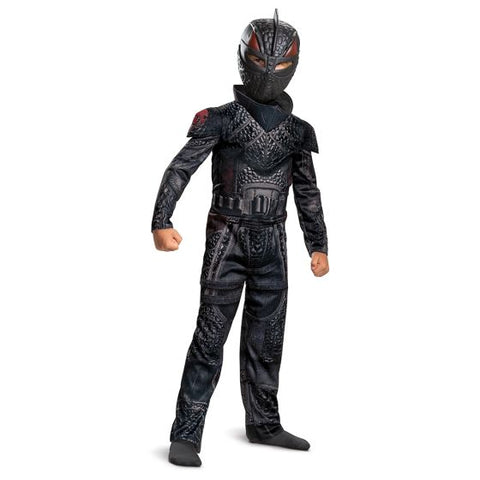Boy posing in the Boys How to Train Your Dragon Hiccup Costume 
Featuring a full-length jumpsuit designed to represent Hiccup, this costume includes black armor-style panel printing with textured detailing across the chest, shoulders, arms, and legs to mimic scaled and plated surfaces. The outfit features an attached waist design without a separate belt piece, and a molded character mask with sculpted dragon-inspired contours, a central ridge, and narrow eye openings with colored accents.