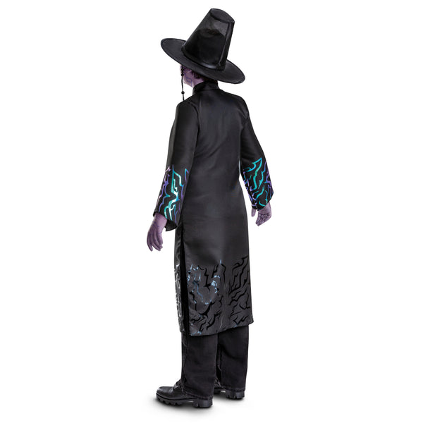 Back of the Boys K-Pop Demon Hunters Saja Boy Costume
Features a sleek, full‑length black robe‑style outfit designed with a tailored silhouette and long sleeves, accented with bold iridescent teal‑and‑purple graphic patterns along the cuffs and lower hem for a striking, futuristic finish. The front includes a crossover panel design with a decorative clasp and chain detail that drapes across the chest, adding dimension and a layered visual effect. The costume is completed with a wide‑brim black hat 