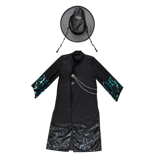 Boys K-Pop Demon Hunters Saja Boy Costume
Features a sleek, full‑length black robe‑style outfit designed with a tailored silhouette and long sleeves, accented with bold iridescent teal‑and‑purple graphic patterns along the cuffs and lower hem for a striking, futuristic finish. The front includes a crossover panel design with a decorative clasp and chain detail that drapes across the chest, adding dimension and a layered visual effect. The costume is completed with a wide‑brim black hat 