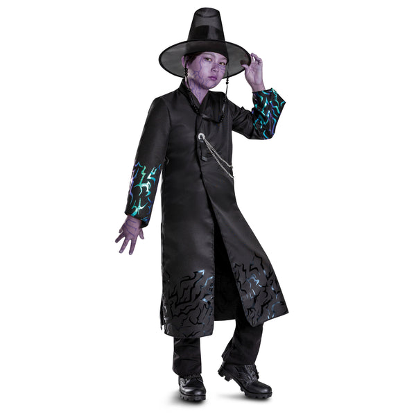 Boy wearing the Boys K-Pop Demon Hunters Saja Boy Costume
Features a sleek, full‑length black robe‑style outfit designed with a tailored silhouette and long sleeves, accented with bold iridescent teal‑and‑purple graphic patterns along the cuffs and lower hem for a striking, futuristic finish. The front includes a crossover panel design with a decorative clasp and chain detail that drapes across the chest, adding dimension and a layered visual effect. The costume is completed with a wide‑brim black hat 