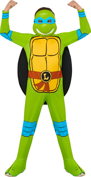 Boy wearing the Teenage Mutant Ninja Turtles Leonardo Costume featuring  featuring a full‑body green jumpsuit designed with a printed yellow turtle shell chest panel, black outline muscle detailing, and a brown belt graphic with an “L” emblem at the center. The suit includes blue elbow and knee pad accents, attached shoe covers, and a stuffed 3D shell secured on the back to complete the classic turtle silhouette. The costume is finished with a molded character mask in bright green with a blue eye mask