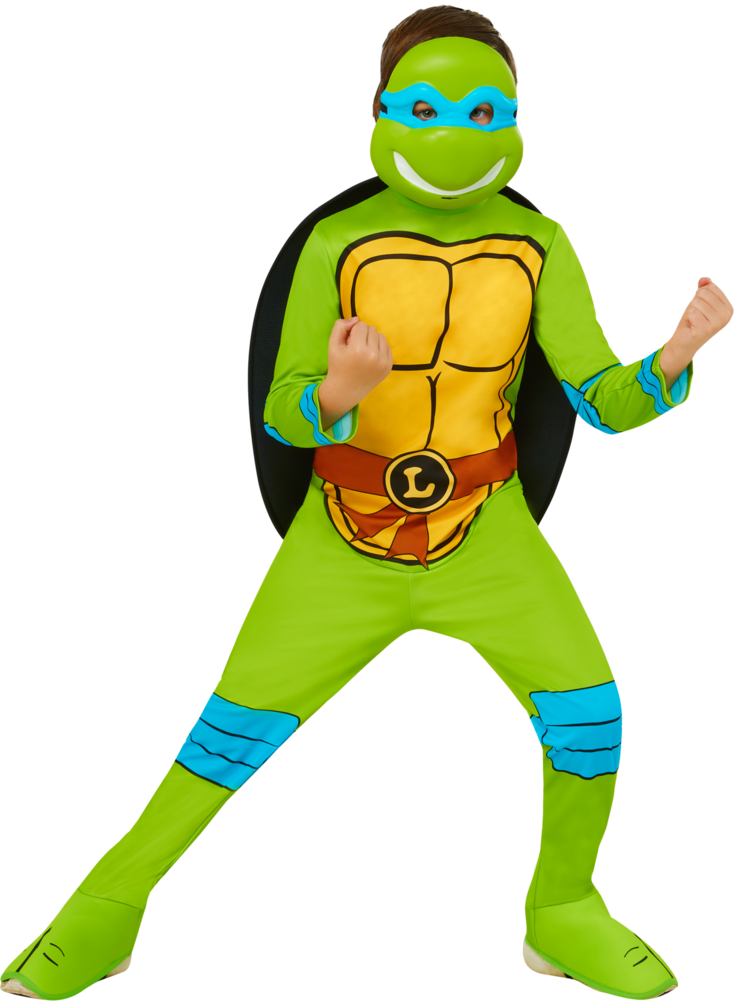 Boy posing in the Teenage Mutant Ninja Turtles Leonardo Costume featuring a full‑body green jumpsuit designed with a printed yellow turtle shell chest panel, black outline muscle detailing, and a brown belt graphic with an “L” emblem at the center. The suit includes blue elbow and knee pad accents, attached shoe covers, and a stuffed 3D shell secured on the back to complete the classic turtle silhouette. The costume is finished with a molded character mask in bright green with a blue eye mask