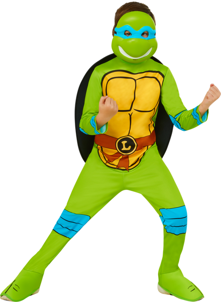Boy posing in the Teenage Mutant Ninja Turtles Leonardo Costume featuring a full‑body green jumpsuit designed with a printed yellow turtle shell chest panel, black outline muscle detailing, and a brown belt graphic with an “L” emblem at the center. The suit includes blue elbow and knee pad accents, attached shoe covers, and a stuffed 3D shell secured on the back to complete the classic turtle silhouette. The costume is finished with a molded character mask in bright green with a blue eye mask