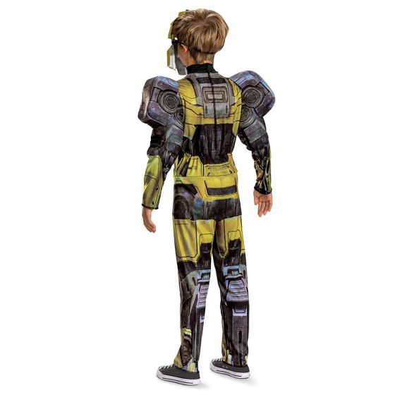 Boys Transformers Bumblebee B127 Muscle Costume Featuring a full-length jumpsuit designed with yellow and gray mechanical-style armor printing, this costume includes padded muscle detailing in the torso and arms to create a sculpted, armored appearance. The design incorporates printed paneling across the chest, shoulders, and legs with metallic-inspired textures and darker joint sections and is paired with a molded character mask featuring a yellow exterior, silver faceplate, and blue eye detailing 