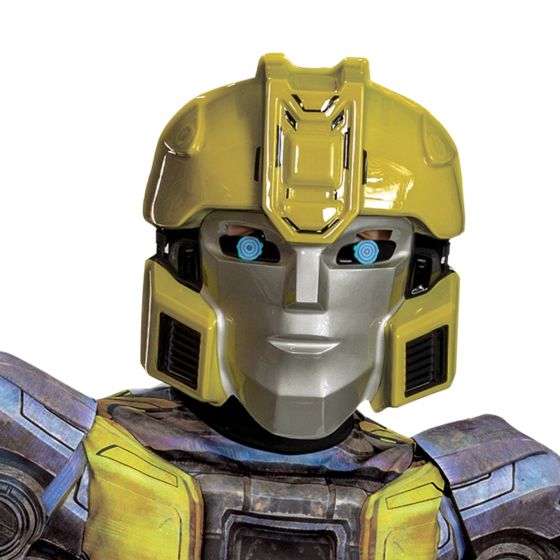Boys Transformers Bumblebee B127 Muscle Costume Featuring a full-length jumpsuit designed with yellow and gray mechanical-style armor printing, this costume includes padded muscle detailing in the torso and arms to create a sculpted, armored appearance. The design incorporates printed paneling across the chest, shoulders, and legs with metallic-inspired textures and darker joint sections and is paired with a molded character mask featuring a yellow exterior, silver faceplate, and blue eye 