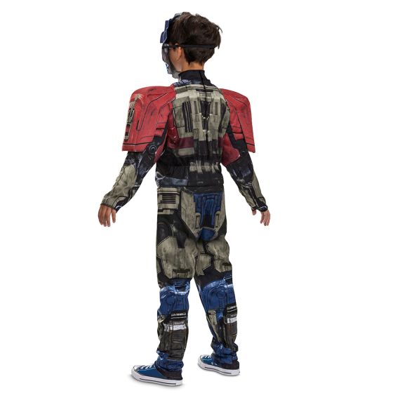 Back of Boys Transformers One Optimus Prime Orion Pax Muscle Costume featuring a full‑body jumpsuit designed with detailed printed armor graphics in red, blue, gray, and metallic tones, creating a futuristic robotic appearance from head to toe. The suit includes built‑in padded muscle detailing across the chest and arms, along with structured shoulder pieces; and a molded character mask styled as Optimus Prime’s Orion Pax face, featuring a blue helmet design, silver faceplate, and bright blue eyes