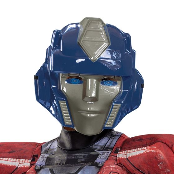 Mask close up of Boys Transformers One Optimus Prime Orion Pax Muscle Costume featuring a full‑body jumpsuit designed with detailed printed armor graphics in red, blue, gray, and metallic tones, creating a futuristic robotic appearance from head to toe. The suit includes built‑in padded muscle detailing across the chest and arms, along with structured shoulder pieces; and a molded character mask styled as Optimus Prime’s Orion Pax face, featuring a blue helmet design, silver faceplate, and bright blue eyes