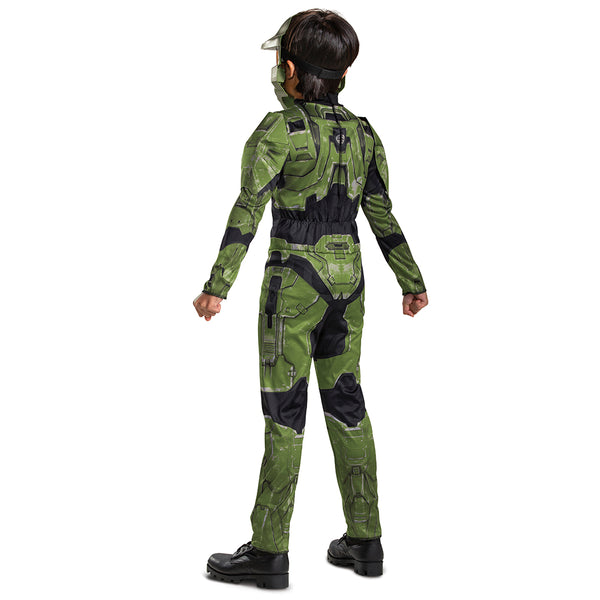 Back of Boy posing in the Boys Xbox Halo Master Chief Costume Featuring a full-length jumpsuit printed with green and black armor panel graphics, this costume includes detailed design elements such as chest plating, joint sections, and battle-style markings throughout the front and back. The outfit is paired with a molded green mask featuring angular panel lines and a gold-tinted visor, with an elastic strap at the back for secure positioning.