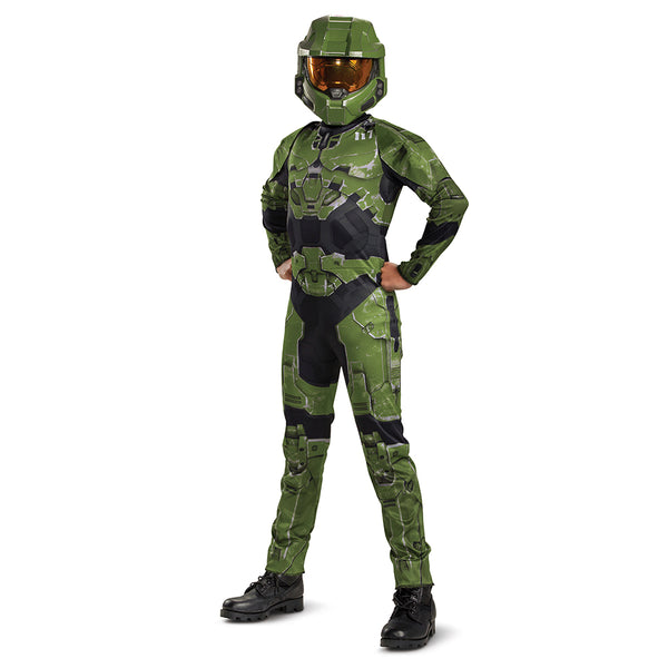 Boy posing in the Boys Xbox Halo Master Chief Costume Featuring a full-length jumpsuit printed with green and black armor panel graphics, this costume includes detailed design elements such as chest plating, joint sections, and battle-style markings throughout the front and back. The outfit is paired with a molded green mask featuring angular panel lines and a gold-tinted visor, with an elastic strap at the back for secure positioning.