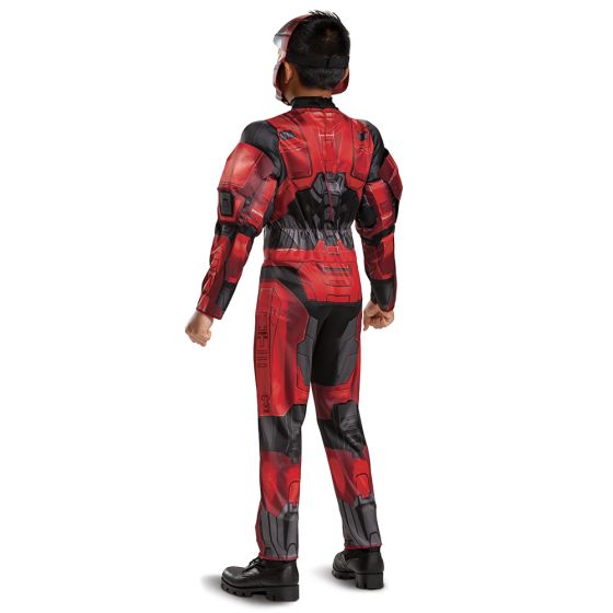 Boys Xbox Halo Spartan 1 Keystone Red Muscle Costume Featuring a full-length jumpsuit in red and black with printed armor panel graphics, this costume includes padded muscle detailing in the torso and arms for a sculpted appearance. The design incorporates darker sections at the joints and waist with angular plating-style patterns throughout the legs and sleeves and is paired with a molded character mask featuring a red exterior, black detailing, and a gold-tinted visor with an elastic strap for secure wea