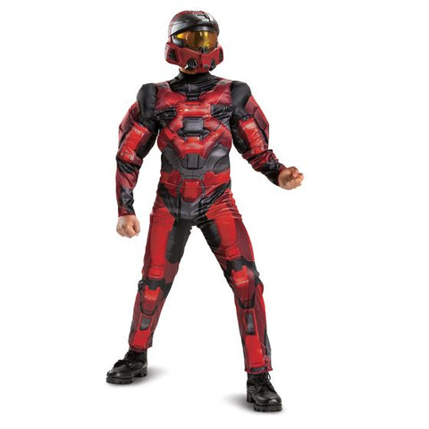 Boy posing in the Boys Xbox Halo Spartan 1 Keystone Red Muscle Costume Featuring a full-length jumpsuit in red and black with printed armor panel graphics, this costume includes padded muscle detailing in the torso and arms for a sculpted appearance. The design incorporates darker sections at the joints and waist with angular plating-style patterns throughout the legs and sleeves and is paired with a molded character mask featuring a red exterior, black detailing, and a gold-tinted visor with an elastic st