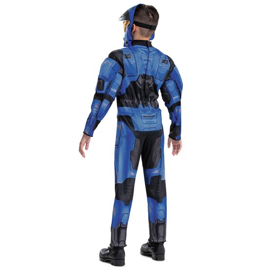 Back of boy in the Boys Xbox Halo Spartan 2 Blue Muscle Costume
Featuring a full-length jumpsuit in blue and black with printed armor panel graphics, this costume includes padded muscle detailing in the torso and arms to create a sculpted look. The design incorporates darker sections at the joints and waist with angular plating-style patterns throughout the legs and sleeves and is paired with a molded character mask featuring a blue exterior, black detailing, and a gold-tinted visor with an elastic strap f