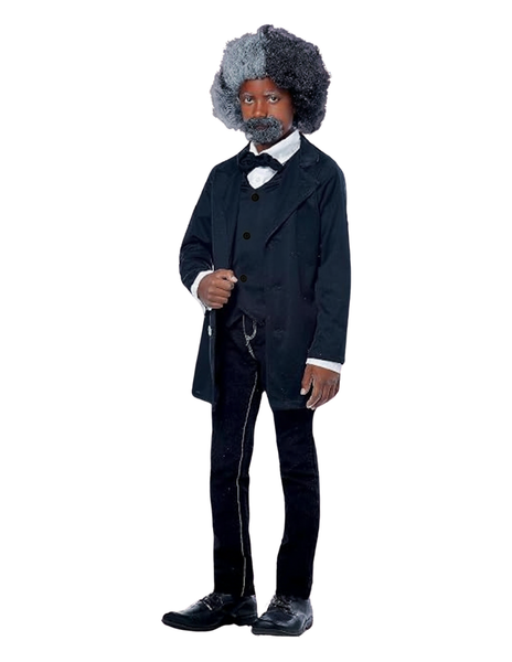 Boy dressed Frederick Douglass Costume Featuring a black jacket with an attached vest panel designed to create a layered formal look, complete with front buttons on both the jacket and vest sections, a black neck tie with a hook and loop closure, and a tall black top hat that assembles in multiple pieces with secure fasteners for structure and shape.