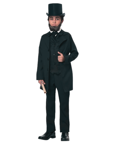 Boy dressed in historical Boys Abraham Lincoln Costume Featuring a black jacket with an attached vest panel designed to create a layered formal look, complete with front buttons on both the jacket and vest sections, a black neck tie with a hook and loop closure, and a tall black top hat that assembles in multiple pieces with secure fasteners for structure and shape.