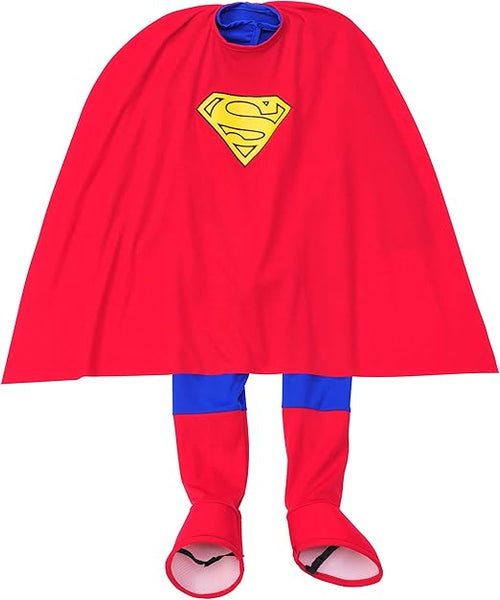 Boys DC Universe Classic Superman Costume featuring a full‑body long‑sleeve jumpsuit in bold blue with bright red lower accents, designed with a clean, streamlined silhouette that showcases Superman’s iconic look; the chest is printed with the unmistakable red‑and‑yellow “S” shield emblem, while a bright yellow printed belt adds contrast at the waist. The costume includes a flowing red cape, completing the classic superhero profile from head to toe