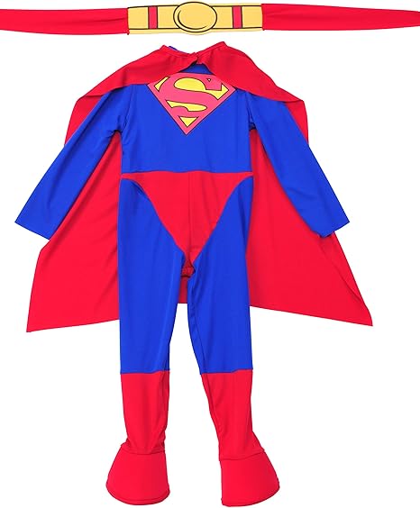 Boys DC Universe Classic Superman Costume featuring a full‑body long‑sleeve jumpsuit in bold blue with bright red lower accents, designed with a clean, streamlined silhouette that showcases Superman’s iconic look; the chest is printed with the unmistakable red‑and‑yellow “S” shield emblem, while a bright yellow printed belt adds contrast at the waist. The costume includes a flowing red cape, completing the classic superhero profile from head to toe