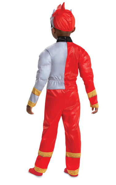 Back of boy in the Boys Power Rangers Dino Fury Red Ranger Muscle Costume featuring a full‑body red jumpsuit designed with built‑in padded muscle detailing across the chest and arms, creating a strong, action‑ready silhouette. The suit is printed with the signature Dino Fury black lightning bolt chest design, white and gray paneling, and gold accent details, along with a belt graphic at the waist. It includes a character mask styled with the Red Ranger helmet design, featuring a dinosaur‑inspired shape