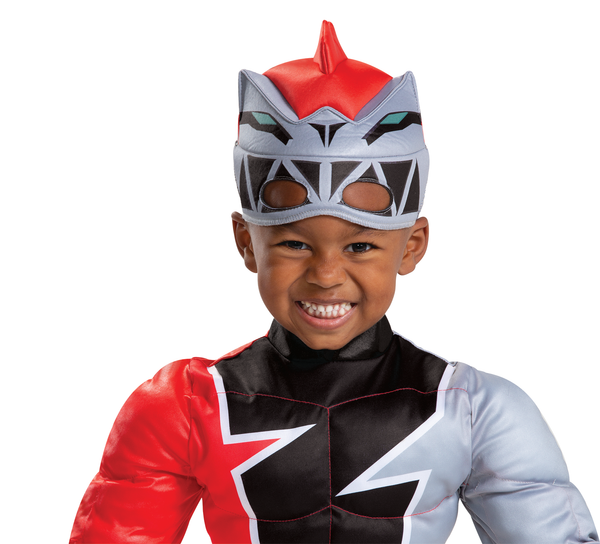 Close up of the mask and top of the Boys Power Rangers Dino Fury Red Ranger Muscle Costume featuring a full‑body red jumpsuit designed with built‑in padded muscle detailing across the chest and arms, creating a strong, action‑ready silhouette. The suit is printed with the signature Dino Fury black lightning bolt chest design, white and gray paneling, and gold accent details, along with a belt graphic at the waist. It includes a character mask styled with the Red Ranger helmet design