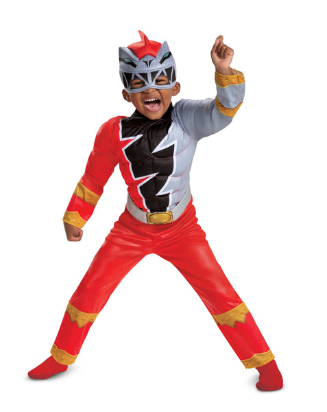 Boy in the Boys Power Rangers Dino Fury Red Ranger Muscle Costume featuring a full‑body red jumpsuit designed with built‑in padded muscle detailing across the chest and arms, creating a strong, action‑ready silhouette. The suit is printed with the signature Dino Fury black lightning bolt chest design, white and gray paneling, and gold accent details, along with a belt graphic at the waist. It includes a character mask styled with the Red Ranger helmet design, featuring a dinosaur‑inspired shape