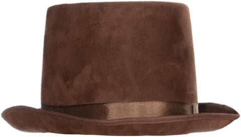 Brown Top Hat Costume Accessory Featuring a brown top hat with a tall, structured crown and a gently curved brim, crafted from a soft, velvety-textured material and finished with a matching brown band wrapped around the base for a clean, classic look.