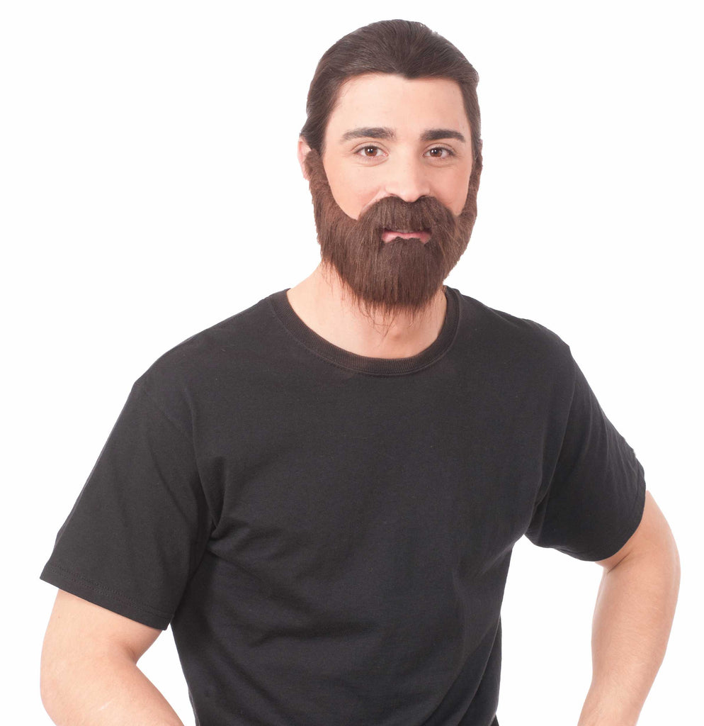 Man modeling the Brown Beard and Moustache Costume Accessory Set which includes a full, thick brown faux‑hair beard designed with a rounded shape and natural texture that extends below the chin; paired with a matching brown moustache attached at the upper lip area, creating a cohesive facial‑hair look with even color and density throughout
