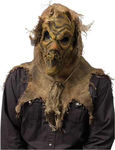 Burlap Sack Scarecrow Costume Mask featuring a full‑face mask constructed from distressed burlap‑style fabric in natural tan and weathered brown tones, sculpted with deep, wrinkled facial contours for a worn, stitched‑together appearance; designed with dark mesh eye openings, a stitched mouth detail with rough twine accents, and layered burlap patches across the face. The mask is finished with an attached tattered burlap hood and collar with frayed edges that extend down over the shoulders
