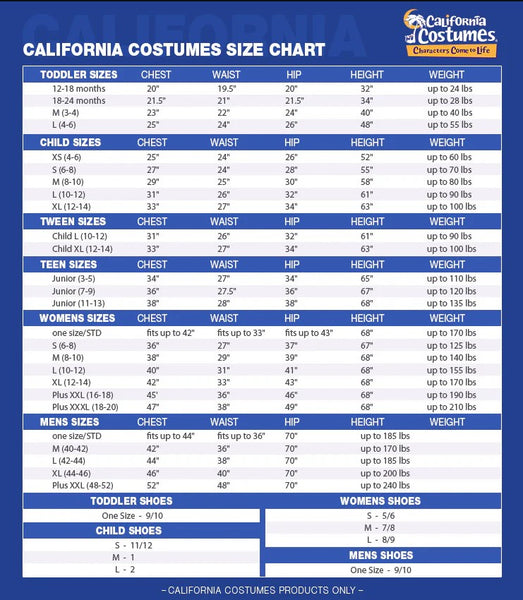 California Costumes Size Chart for toddlers, children, tween, teens, women, and men from HalloweenCostumes4U.com 