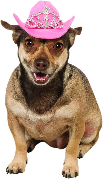  Chihuahua wearing a Pets Pink Cowboy Hat With Tiara a bright bubblegum‑pink cowboy hat constructed from soft felt‑style material with a structured crown and gently curved brim; the front of the hat is decorated with a sparkling silver tiara embellishment made from rhinestone‑style gems arranged in a classic crown pattern, creating a bold combination of Western flair and royal sparkle
