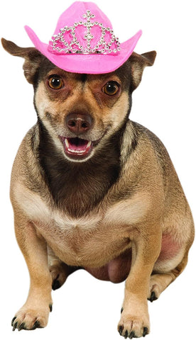  Chihuahua wearing a Pets Pink Cowboy Hat With Tiara a bright bubblegum‑pink cowboy hat constructed from soft felt‑style material with a structured crown and gently curved brim; the front of the hat is decorated with a sparkling silver tiara embellishment made from rhinestone‑style gems arranged in a classic crown pattern, creating a bold combination of Western flair and royal sparkle