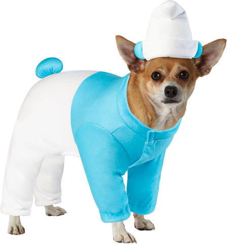 Chihuahua wearing Pets The Smurfs Smurf Costume featuring a soft two‑tone plush jumpsuit styled in classic Smurf colors, with a light blue upper section and white lower half designed to resemble the character’s outfit; includes a smooth, rounded fit through the body and legs for a clean, cartoon‑inspired silhouette. The costume is finished with a white Smurf hat accented by small blue ear details at the sides, along with a matching blue tail at the back, completing the instantly recognizable Smurf look