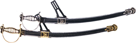 Civil War Saber Sword Costume Prop features a traditional curved saber‑style blade paired with a classic hand guard and textured grip, designed to reflect the elegant military swords carried during the Civil War era; finished with metallic hardware accents that may appear in either gold or silver, depending on available stock, giving each piece an authentic, historical‑inspired appearance