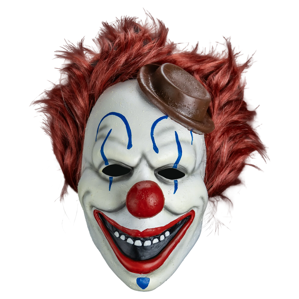 Clown in a Cornfield Frendo the Clown Costume Mask features a full‑coverage latex sculpt with a smooth, clean clown face design, bright white skin tone, bold blue accents around the eyes and mouth, gray wrinkle details, sharply defined red nose, pronounced cheek structure, a wide unsettling grin, and attached styled dark red hair and little brown hat, front view