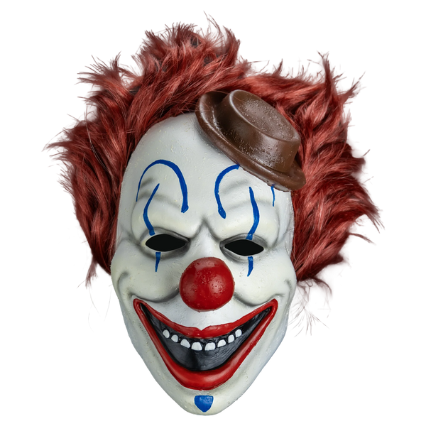 Clown in a Cornfield Frendo the Clown Costume Mask features a full‑coverage latex sculpt with a smooth, clean clown face design, bright white skin tone, bold blue accents around the eyes and mouth, gray wrinkle details, sharply defined red nose, pronounced cheek structure, a wide unsettling grin, and attached styled dark red hair and little brown hat, front view