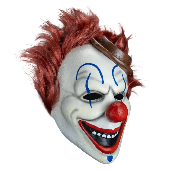 Clown in a Cornfield Frendo the Clown Costume Mask features a full‑coverage latex sculpt with a smooth, clean clown face design, bright white skin tone, bold blue accents around the eyes and mouth, gray wrinkle details, sharply defined red nose, pronounced cheek structure, a wide unsettling grin, and attached styled dark red hair and little brown hat, right profile