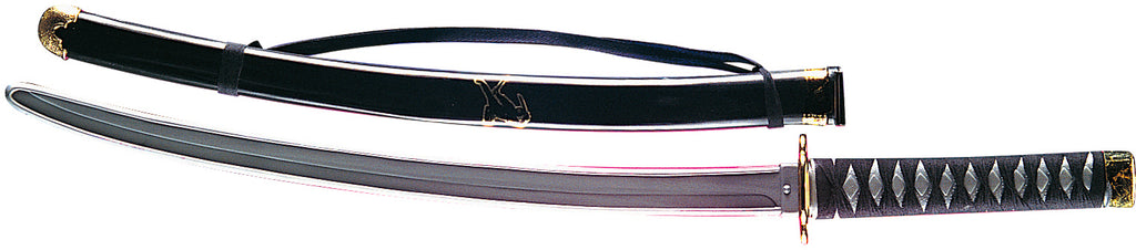 Costume Prop Weapon featuring a sleek curved katana‑style blade with a dark metallic finish, paired with a textured black handle wrapped in a diamond‑pattern grip for an authentic martial‑arts look; includes a matching black sheath finished with subtle gold‑tone accent details and an attached carrying cord, creating a complete, cohesive weapon silhouette straight out of classic ninja lore