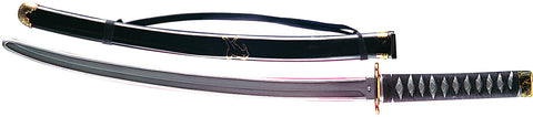 Costume Prop Weapon featuring a sleek curved katana‑style blade with a dark metallic finish, paired with a textured black handle wrapped in a diamond‑pattern grip for an authentic martial‑arts look; includes a matching black sheath finished with subtle gold‑tone accent details and an attached carrying cord, creating a complete, cohesive weapon silhouette straight out of classic ninja lore
