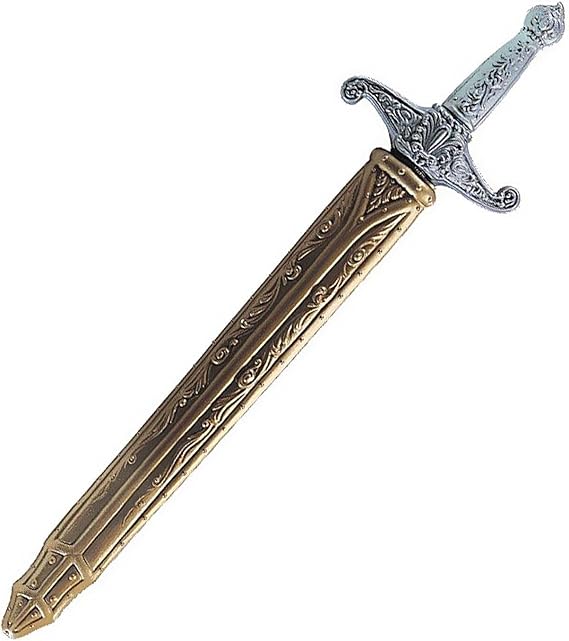  Crusader Sword features a classic medieval one‑handed sword design molded from lightweight plastic, with a straight silver‑tone blade housed inside an ornately detailed gold‑colored scabbard. The scabbard is richly molded with raised scrollwork and decorative patterns running the full length, finished with a pointed tip and embossed accents that evoke historic crusader craftsmanship. The sword’s hilt includes a silver‑tone crossguard with curled quillons, an engraved grip, and a rounded pommel