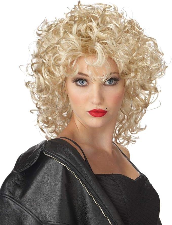 Curly Blonde Bad Girl Costume Wig Featuring a blonde synthetic wig styled with tight, voluminous curls throughout, designed with a layered, chin-to-shoulder length cut, full-bodied shape, and defined ringlets that create a rounded, high-volume silhouette