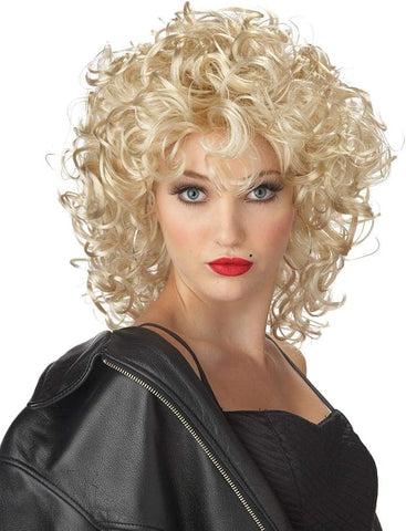 Curly Blonde Bad Girl Costume Wig Featuring a blonde synthetic wig styled with tight, voluminous curls throughout, designed with a layered, chin-to-shoulder length cut, full-bodied shape, and defined ringlets that create a rounded, high-volume silhouette
