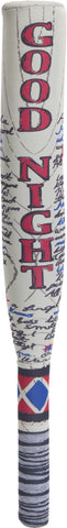 DC Universe Harley Quinn Neoprene Baseball Bat Costume Prop Weapon Featuring a foam and neoprene-style baseball bat prop designed with a cylindrical shape, a light-colored barrel printed with large red vertical lettering spelling GOOD NIGHT, distressed wood-style graphics, blue and black scribbled text details, and a wrapped handle design with dark striping for a textured look.