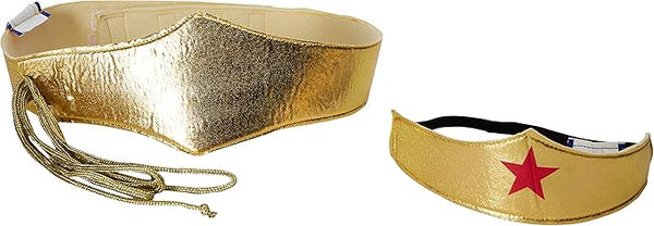 DC Universe Wonder Woman Costume Accessory Kit belt and tiara featuring a wide gold faux‑leather belt designed with a pointed front panel and attached golden rope lasso detail, and a metallic gold tiara with a centered red star emblem and an elastic strap for a secure fit, a wide gold faux‑leather belt designed with a pointed front panel and attached golden rope lasso detail 