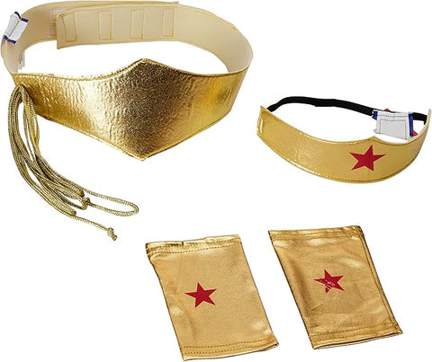 DC Universe Wonder Woman Costume Accessory Kit includes  a coordinated set of gold‑tone superhero accessories, including a metallic gold tiara with a centered red star emblem and an elastic strap for a secure fit, a wide gold faux‑leather belt designed with a pointed front panel and attached golden rope lasso detail, and a matching pair of gold wrist cuffs each decorated with a red star at the center—collectively creating the iconic Wonder Woman silhouette through bold, recognizable shapes