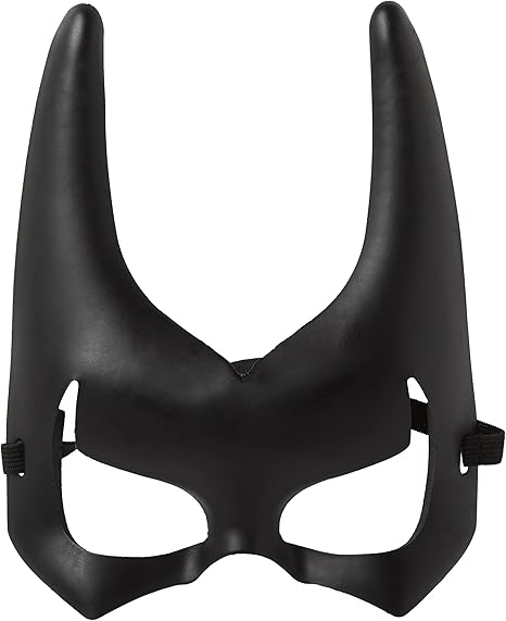 Batgirl mask featuring a sleek molded black half‑face mask crafted from smooth plastic, designed with tall, sharply pointed bat ears that extend upward for a dramatic silhouette; includes cleanly cut eye openings and subtle contouring around the nose bridge and brow for a snug, structured fit. The mask is finished with elastic side straps that secure around the head, maintaining the classic Batgirl shape while keeping the design simple and bold