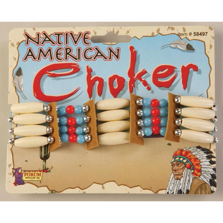 Deluxe Native American Choker Featuring a choker-style necklace composed of multiple rows of cylindrical white bone-style beads arranged horizontally, connected by sections of small round red, blue, and silver beads, with tan fabric spacers and an adjustable cord closure at the back for a secure fit.